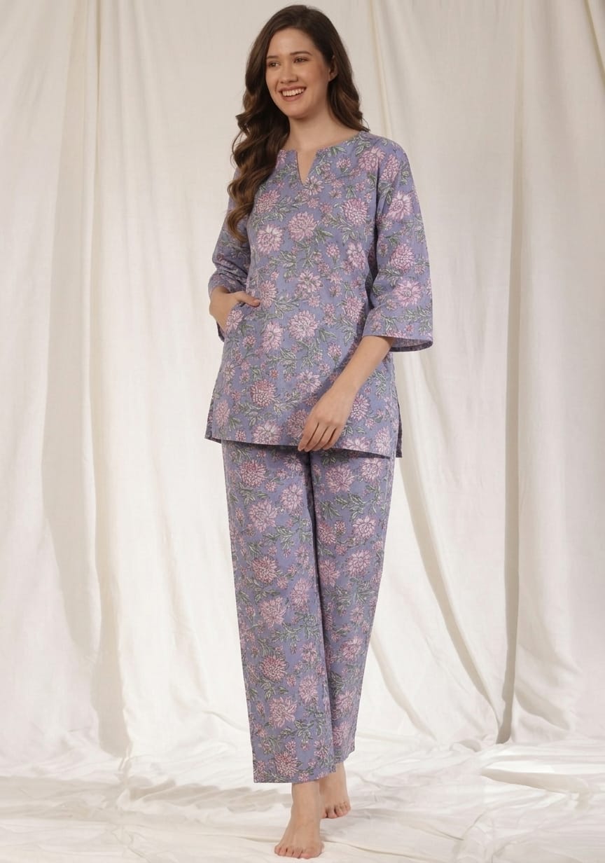 Mauve Pink Floral Hand Block Printed Cotton Night Suit