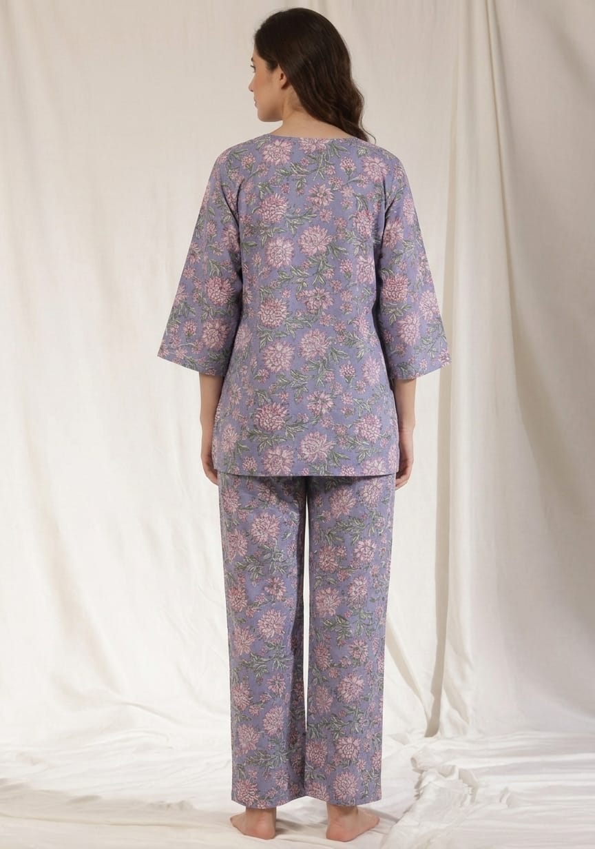 Mauve Pink Floral Hand Block Printed Cotton Night Suit