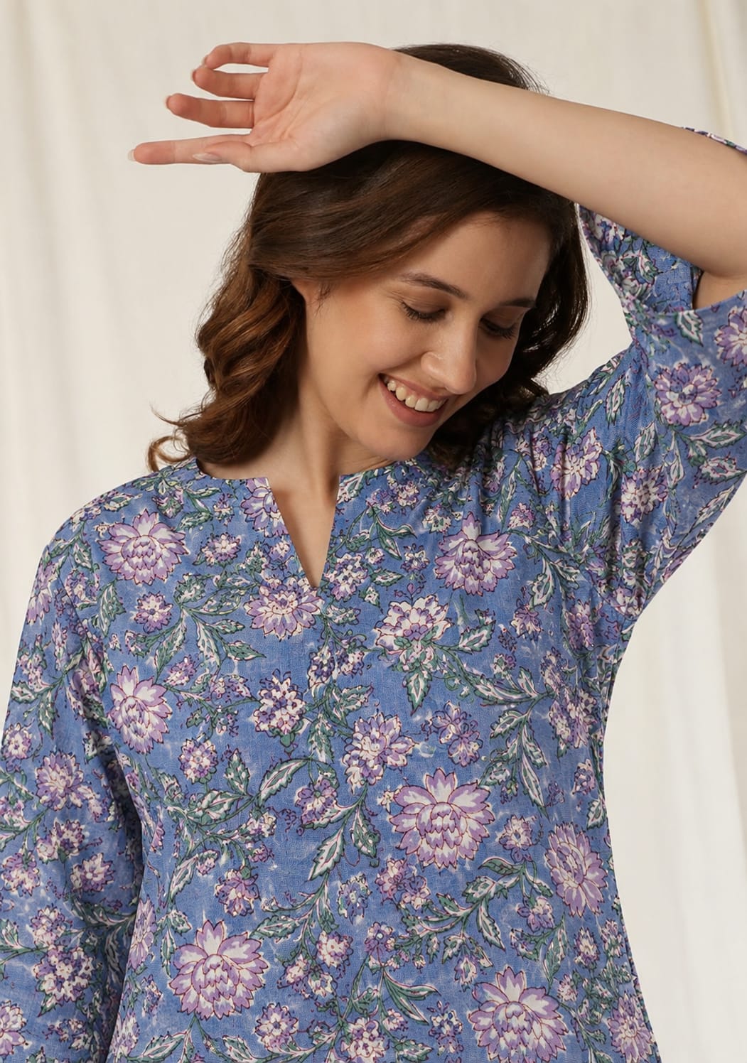 Mauve Pink Floral Hand Block Printed Cotton Night Suit