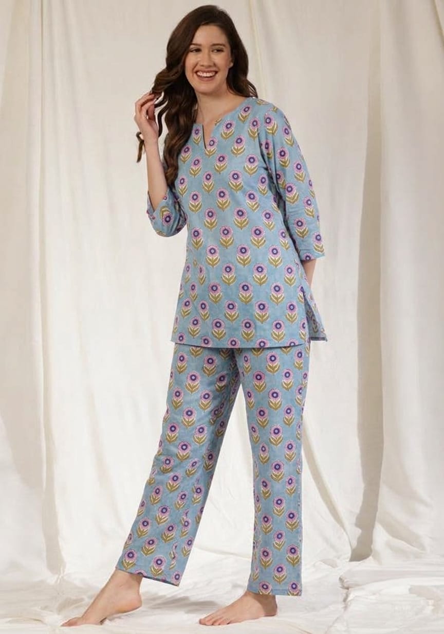 Blue Green Floral Hand Block Printed Cotton Night Suit