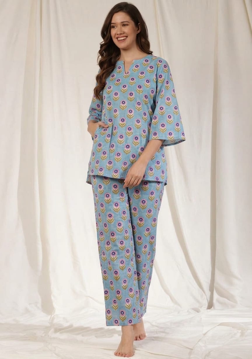 Blue Green Floral Hand Block Printed Cotton Night Suit