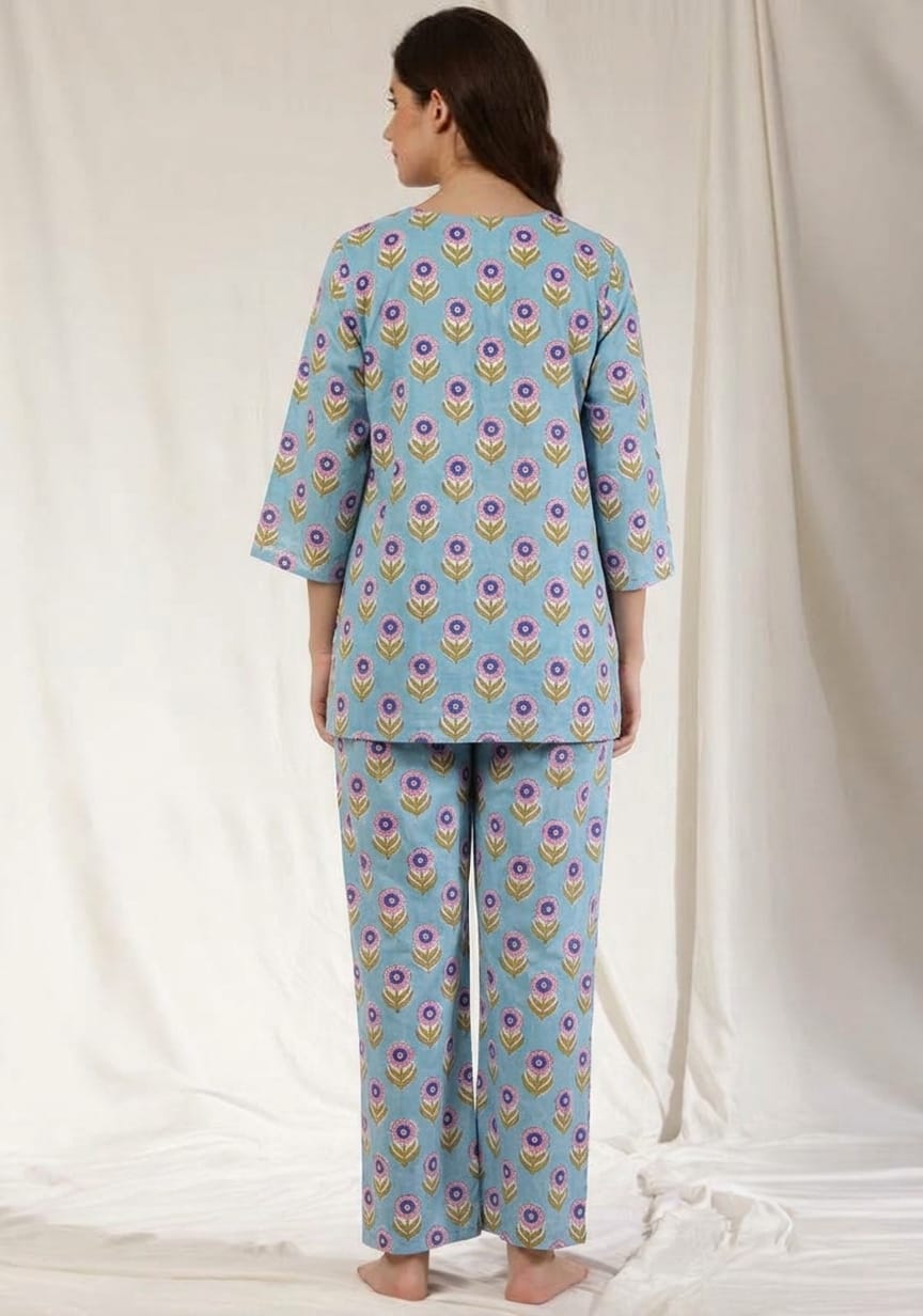 Blue Green Floral Hand Block Printed Cotton Night Suit