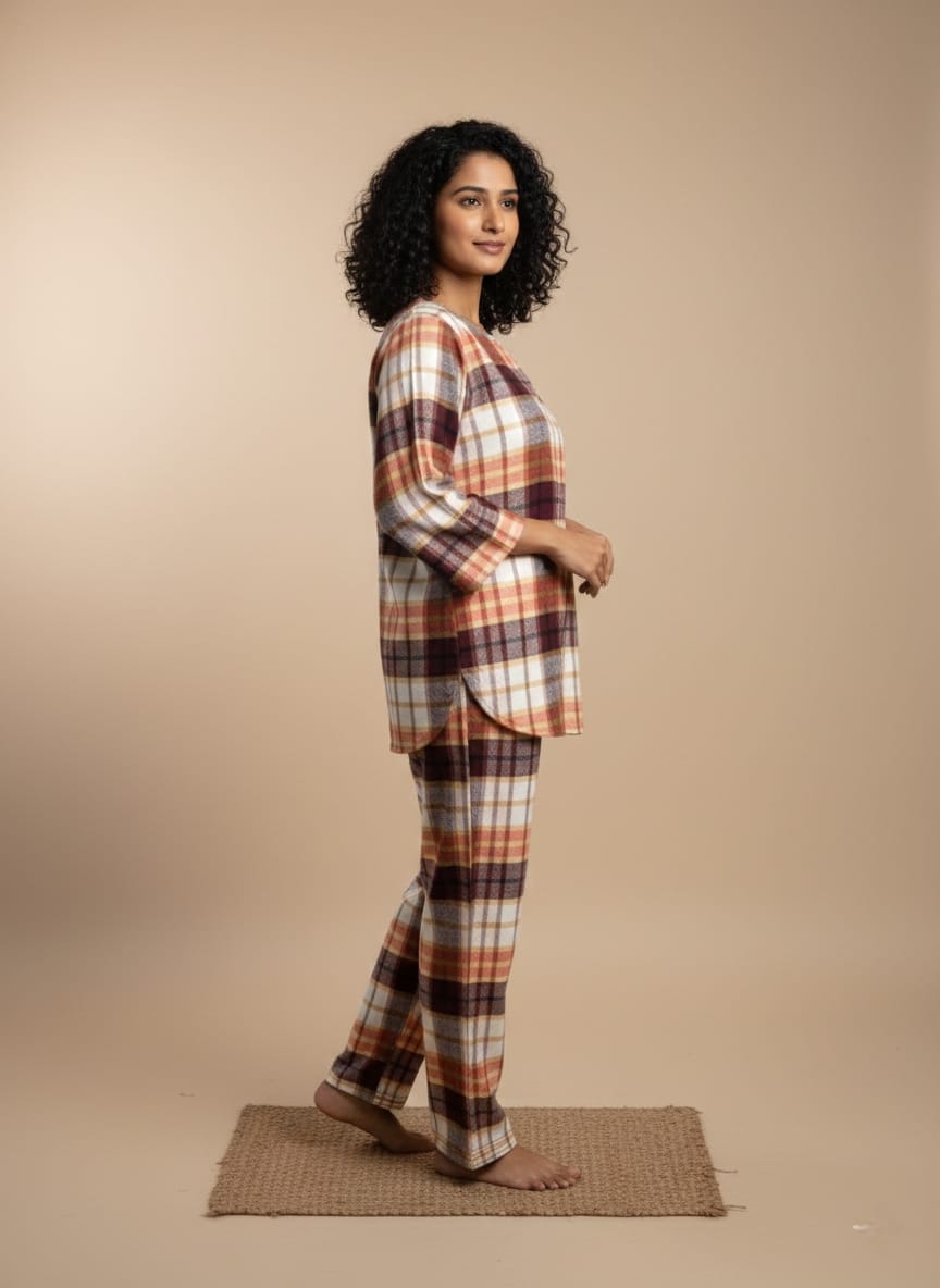 Flannel Rust Orange Checked Night Suit With Trimmings