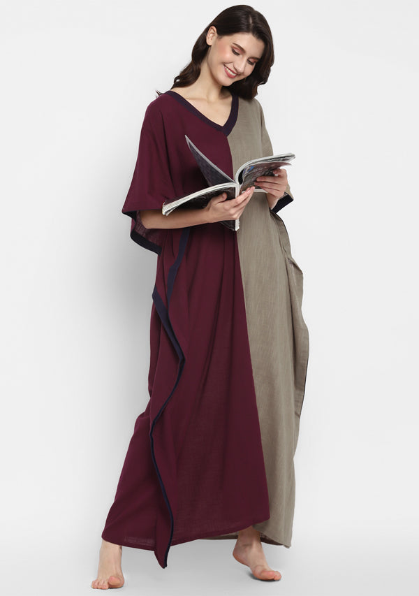 Wine and Brown V-Neck Cotton Kaftan with Contrast Stitch Lines