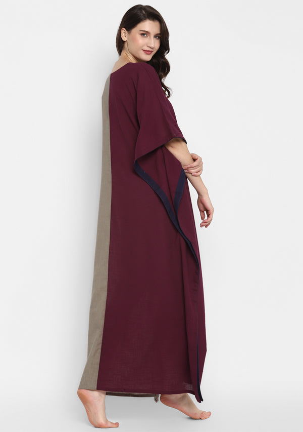 Wine and Brown V-Neck Cotton Kaftan with Contrast Stitch Lines