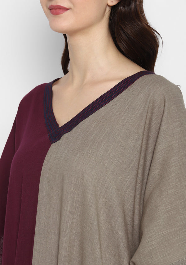 Wine and Brown V-Neck Cotton Kaftan with Contrast Stitch Lines