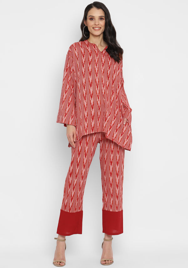Beige Red Ikat Cotton