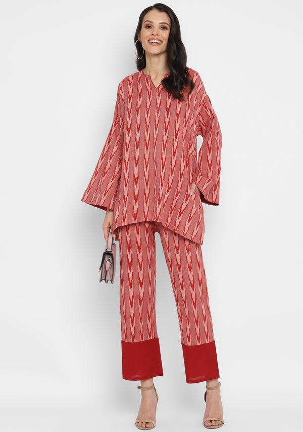 Beige Red Ikat Cotton