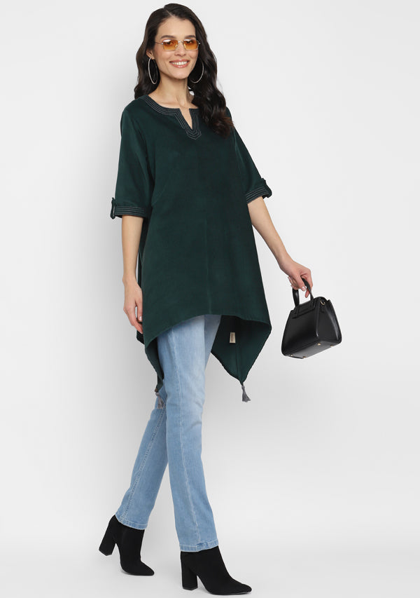 Corduroy Green Asymmetric Tunic with Contrast Stitch lines  and Tassels