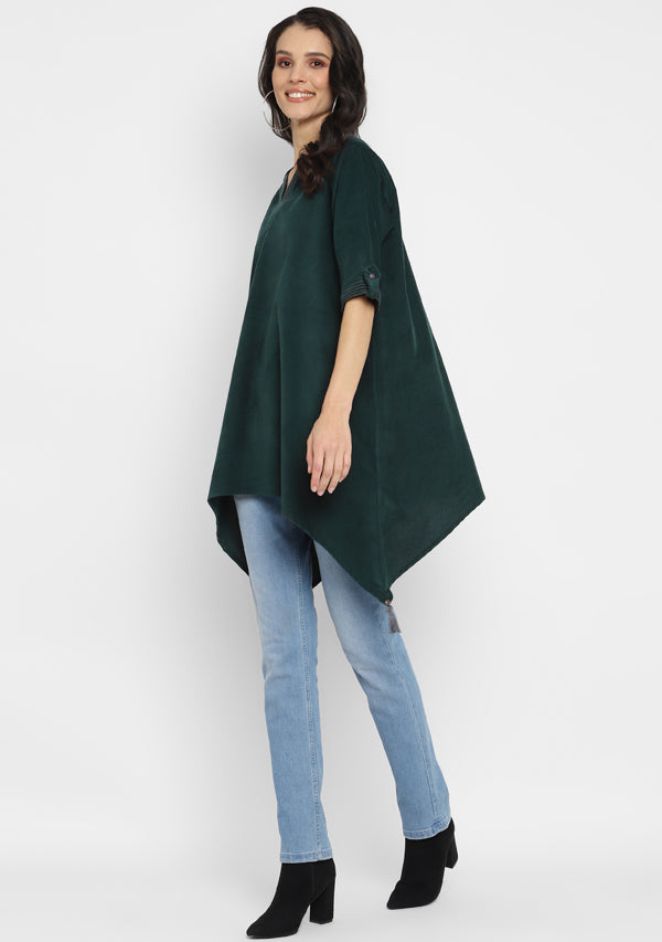Corduroy Green Asymmetric Tunic with Contrast Stitch lines  and Tassels