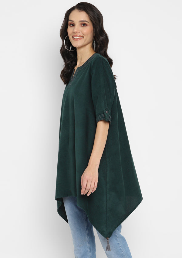 Corduroy Green Asymmetric Tunic with Contrast Stitch lines  and Tassels