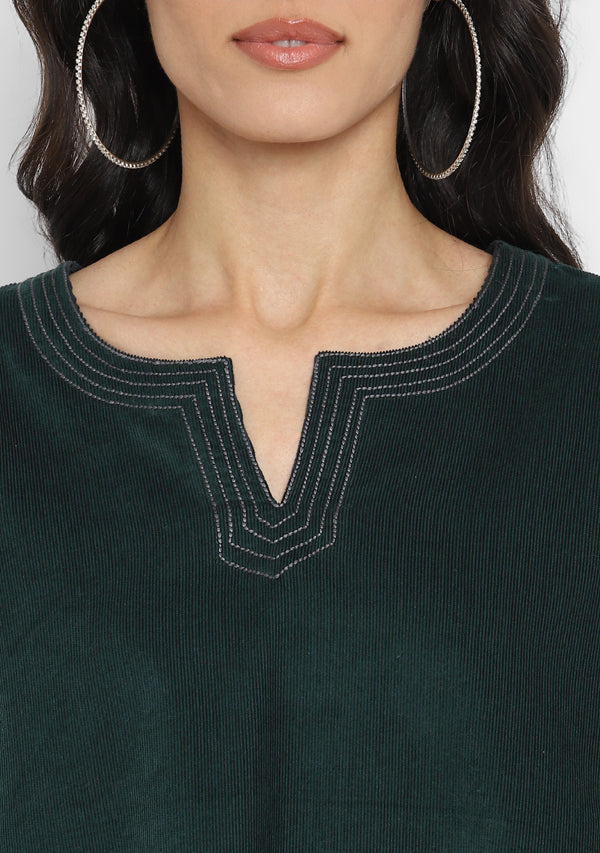 Corduroy Green Asymmetric Tunic with Contrast Stitch lines  and Tassels