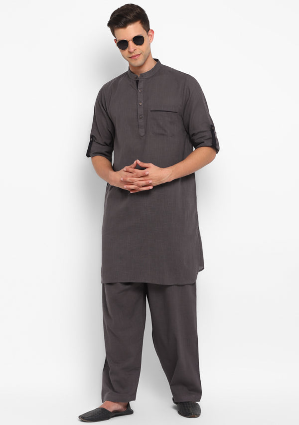 Steel Grey Cotton Kurta and Pathani Salwar For Men