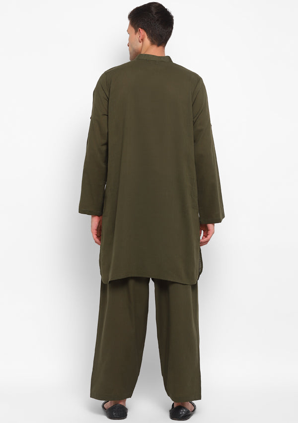 Military Green Cotton Kurta and Pathani Salwar For Men