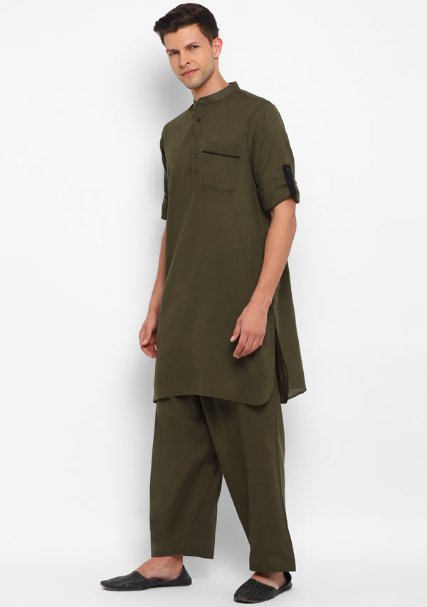 Military Green Cotton Kurta and Pathani Salwar For Men