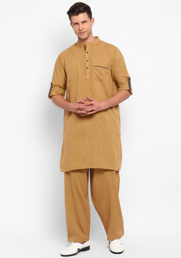 Mustard Cotton Kurta and Pathani Salwar For Men