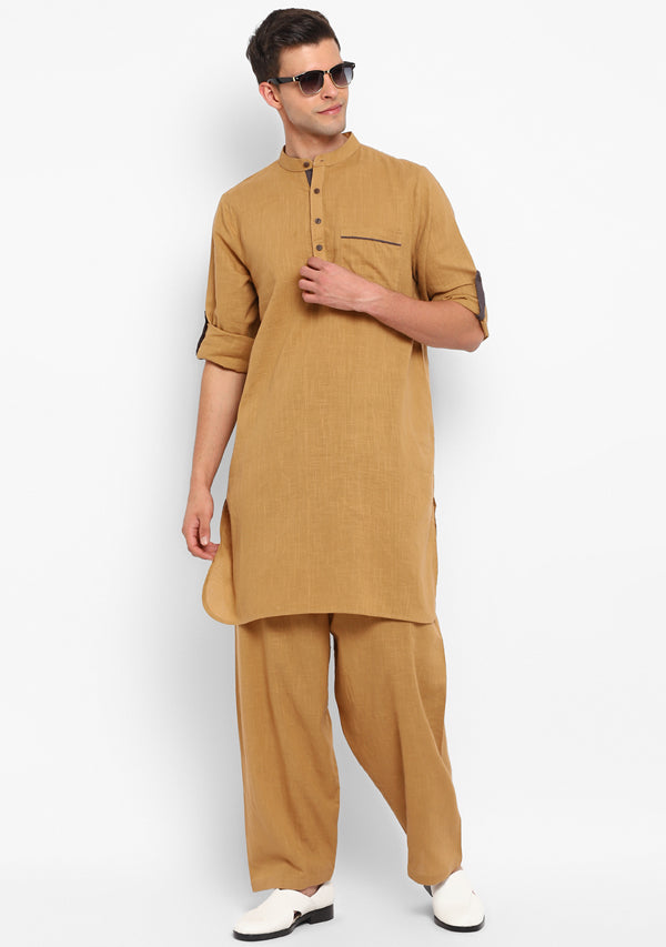 Mustard Cotton Kurta and Pathani Salwar For Men