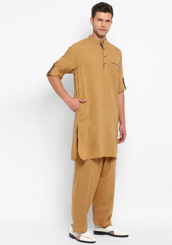 Mustard Cotton Kurta and Pathani Salwar For Men
