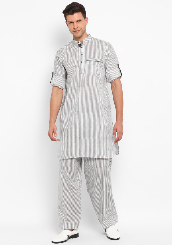 Grey White Striped Cotton Kurta and Pathani Salwar For Men