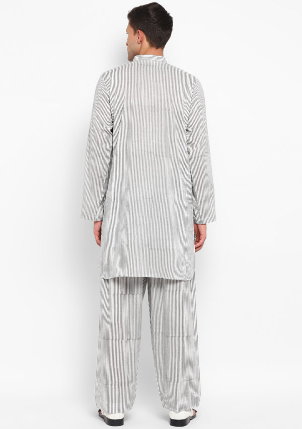 Grey White Striped Cotton Kurta and Pathani Salwar For Men