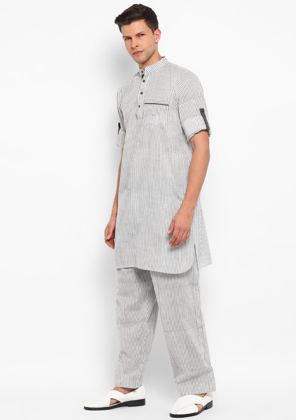 Grey White Striped Cotton Kurta and Pathani Salwar For Men