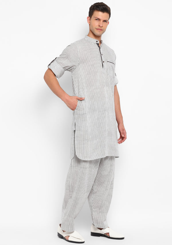 Grey White Striped Cotton Kurta and Pathani Salwar For Men