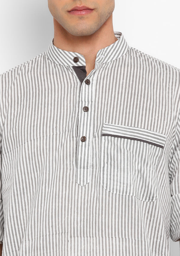Grey White Striped Cotton Kurta and Pathani Salwar For Men