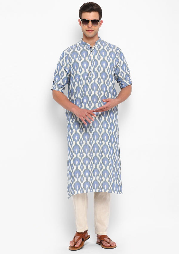 Ivory Blue Ikat Weave Long Kurta with Pants For Men