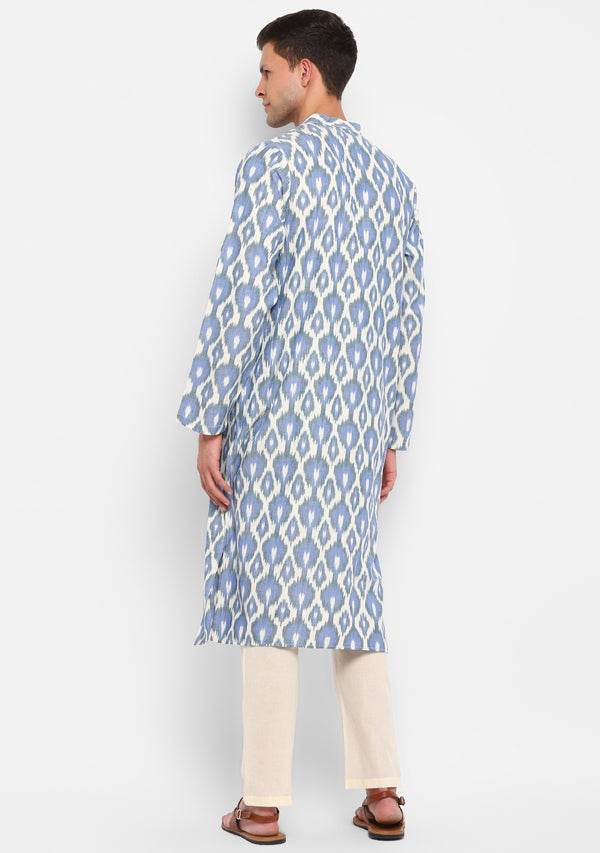 Ivory Blue Ikat Weave Long Kurta with Pants For Men