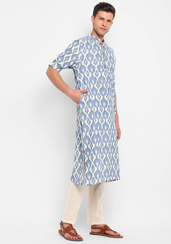 Ivory Blue Ikat Weave Long Kurta with Pants For Men