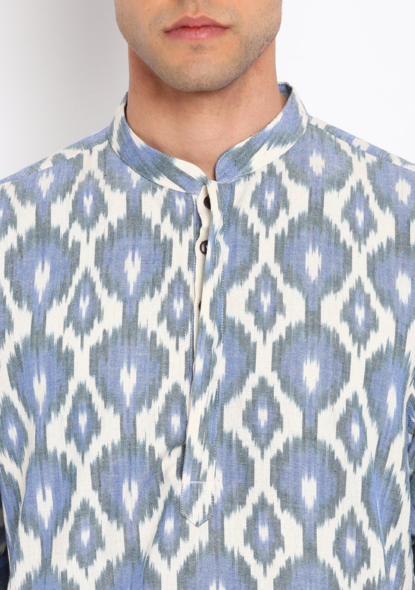 Ivory Blue Ikat Weave Long Kurta with Pants For Men