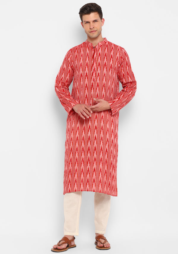 Red Beige Ikat Weave Long Kurta with Pants For Men