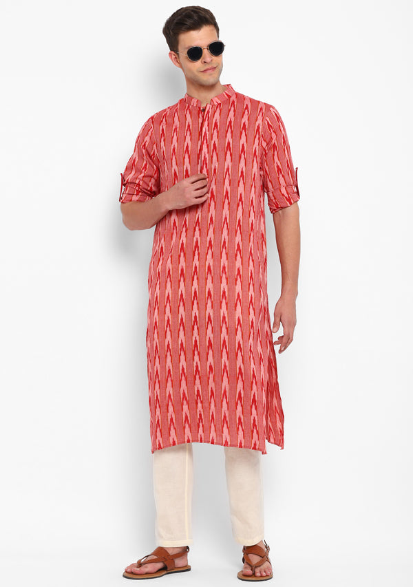 Red Beige Ikat Weave Long Kurta with Pants For Men