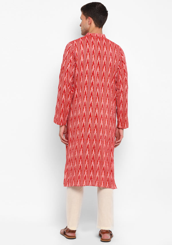 Red Beige Ikat Weave Long Kurta with Pants For Men