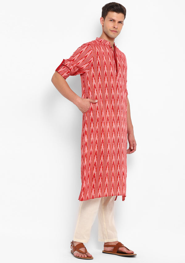 Red Beige Ikat Weave Long Kurta with Pants For Men