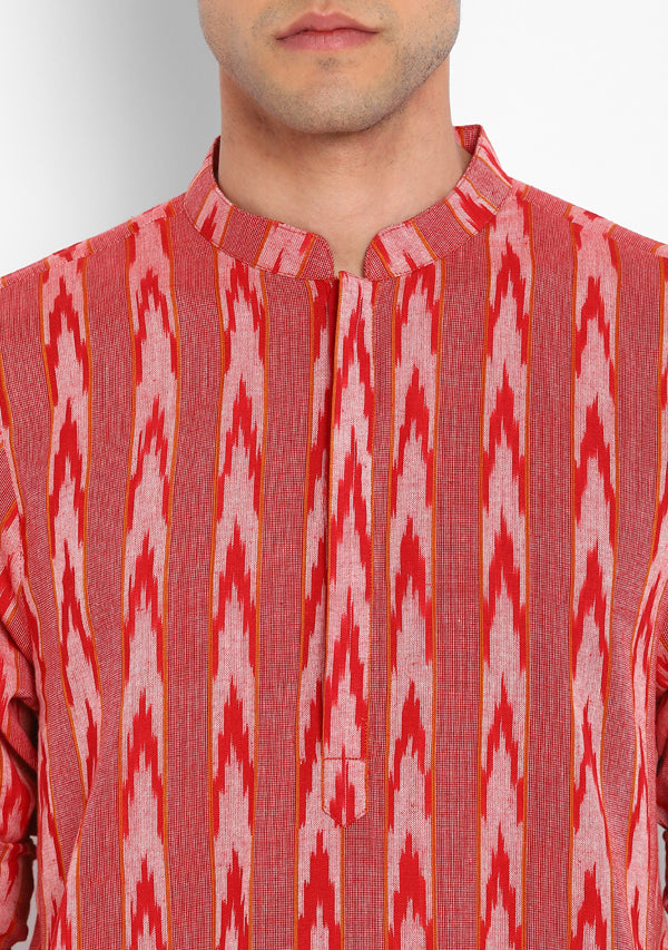 Red Beige Ikat Weave Long Kurta with Pants For Men