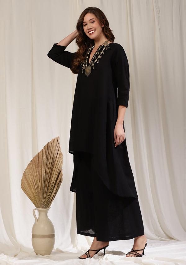 Black Asymmetric Cotton Kurta Paired with Pants