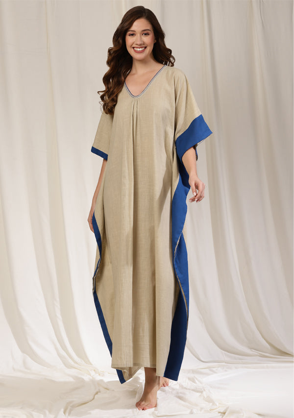 Beige Cotton Kaftan with Gathers and Contrast Royal Blue Borders