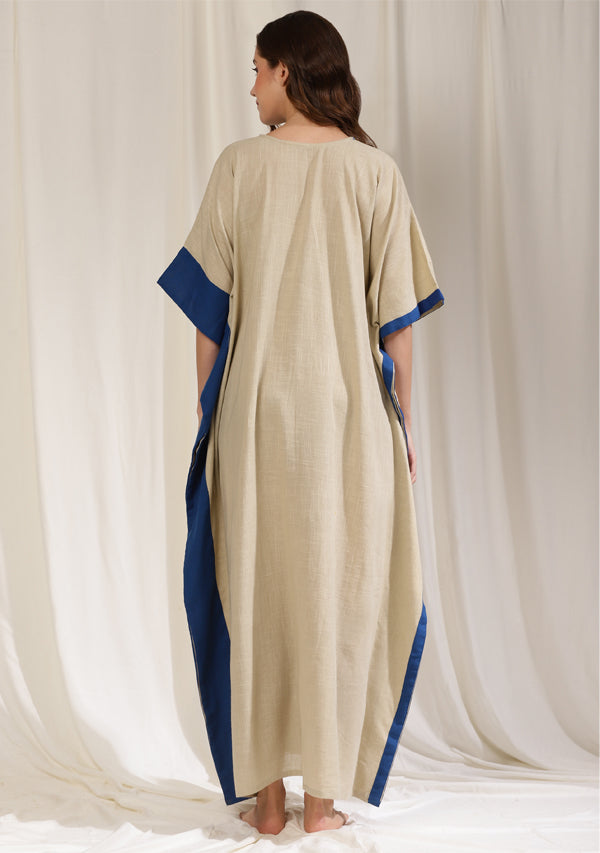Beige Cotton Kaftan with Gathers and Contrast Royal Blue Borders