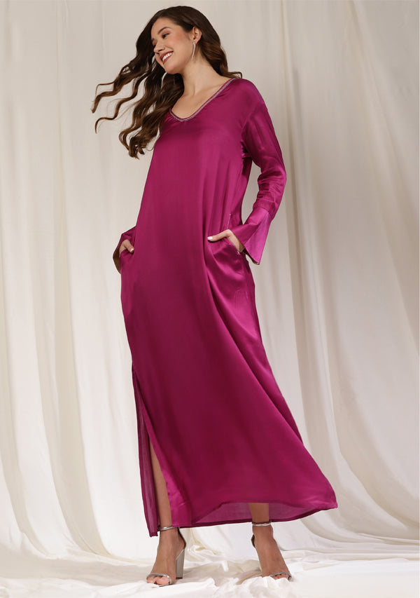 Magenta Long Modal Dress with Cuffs