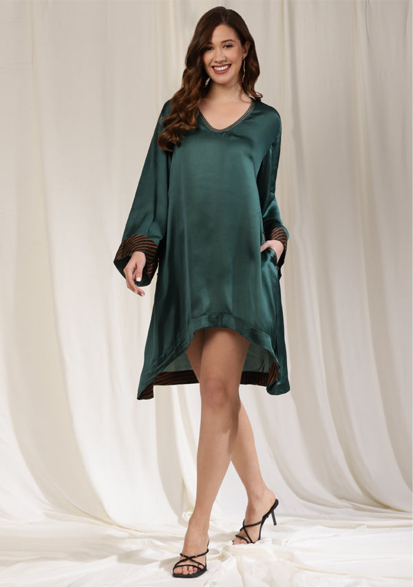 Teal Short Modal Dress with Bronze Trimmings