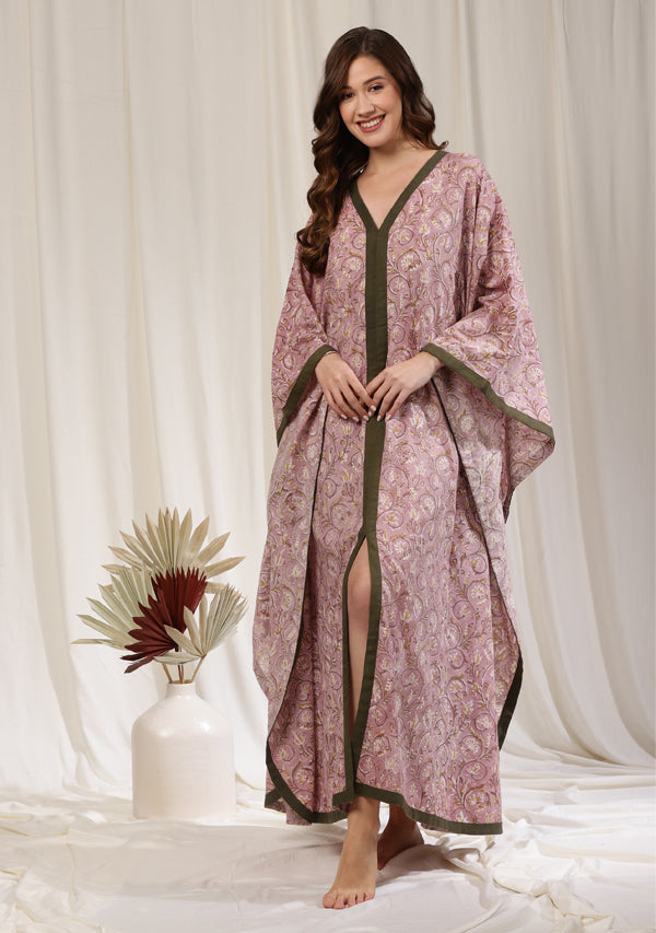 Flowy Mauve Khaki Floral Cotton Kaftan with Contrast Borders