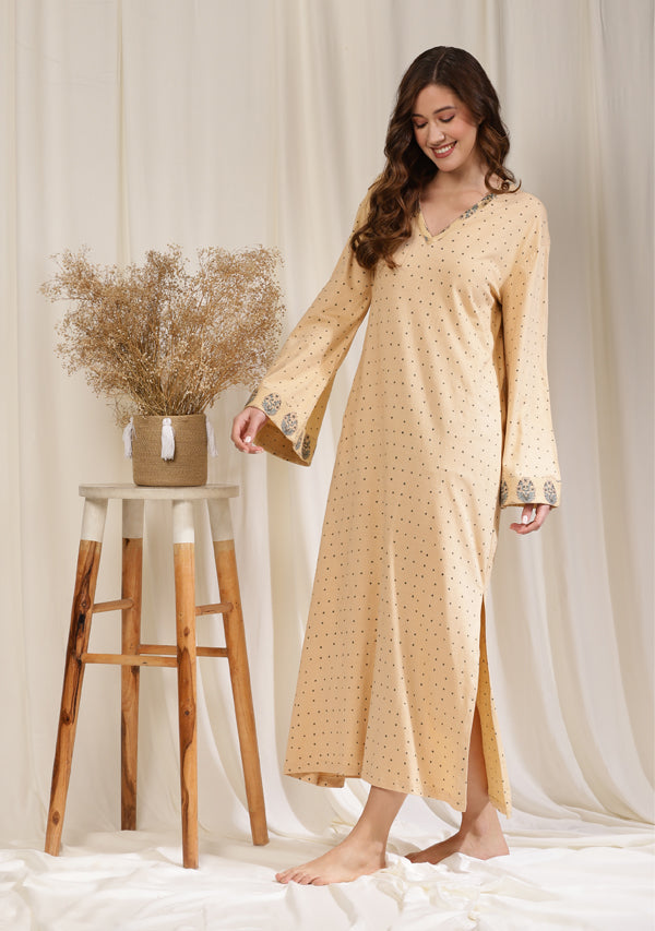 Beige Blue Hand Block Printed Cotton Hosiery Night Dress with Flared Sleeves