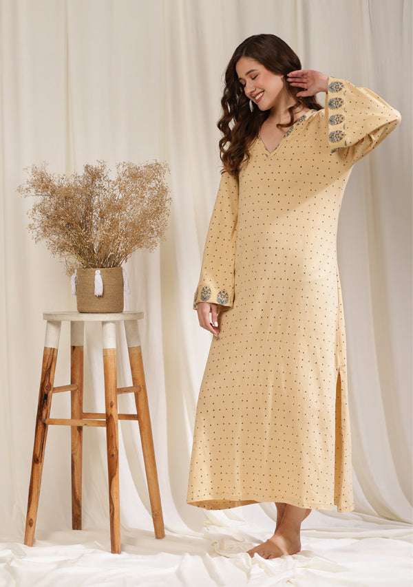Beige Blue Hand Block Printed Cotton Hosiery Night Dress with Flared Sleeves