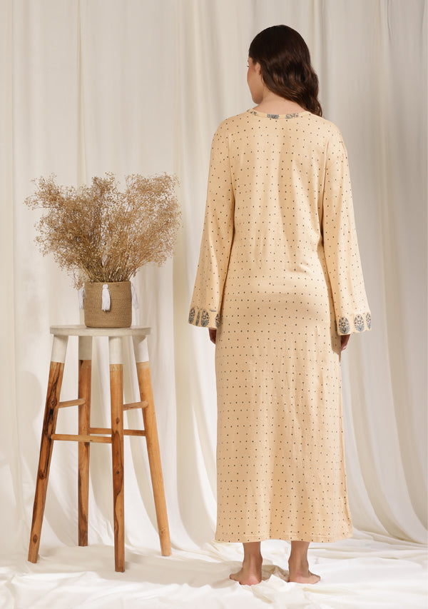 Beige Blue Hand Block Printed Cotton Hosiery Night Dress with Flared Sleeves