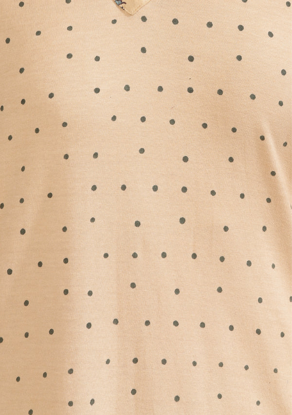Beige Blue Hand Block Printed Cotton Hosiery Night Dress with Flared Sleeves