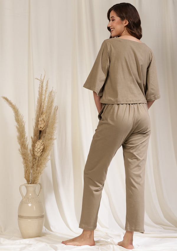 Khaki Cotton Hosiery  Front Open Crop Top with Pants