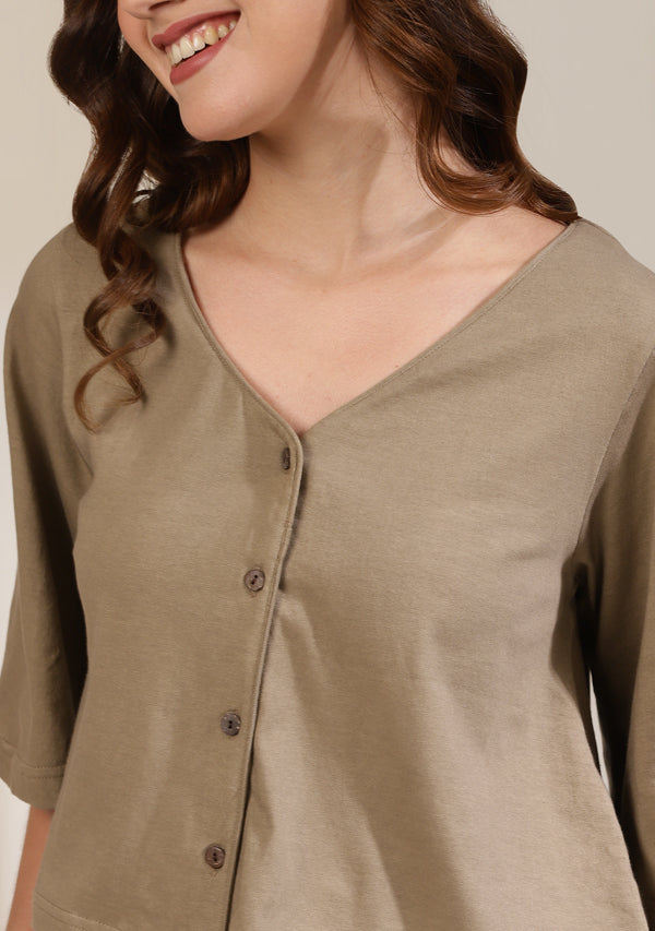 Khaki Cotton Hosiery  Front Open Crop Top with Pants