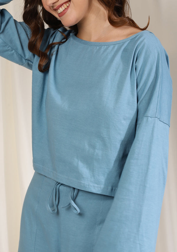 Blue Cotton Hosiery  Flared Sleeve Crop Top with Capris