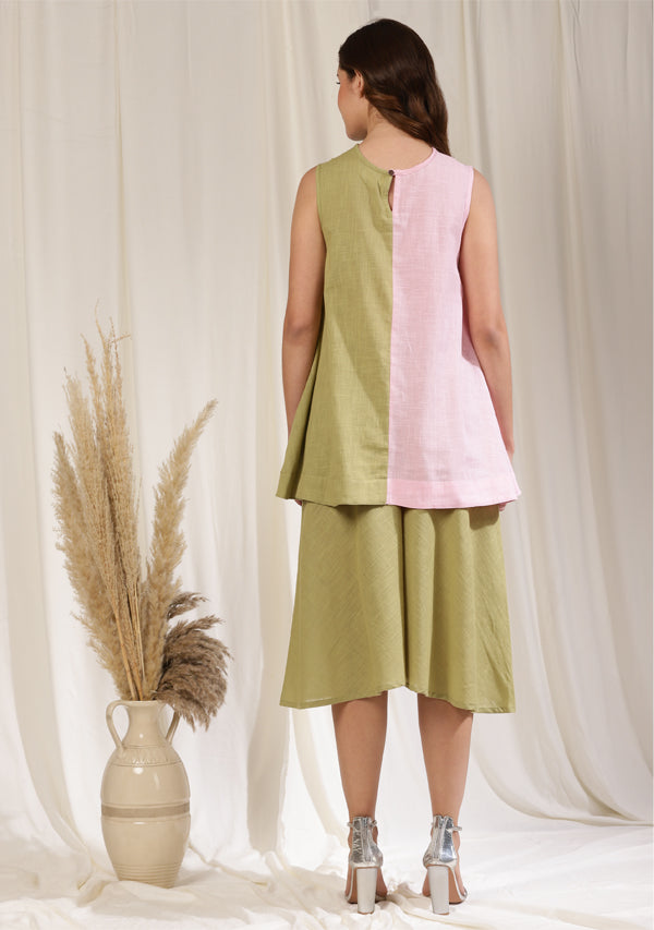 Mint Green Pink Hand Block Printed Sleeveless Cotton Top with Mid Length Flared Pants